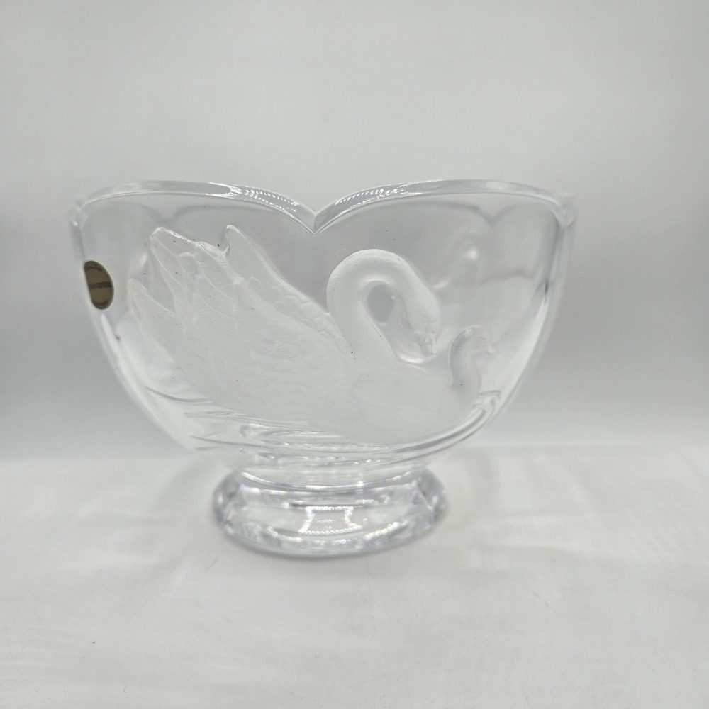 Vintage French Teleflora 24% Lead Crystal Frosted Swan Footed Candy Bowl